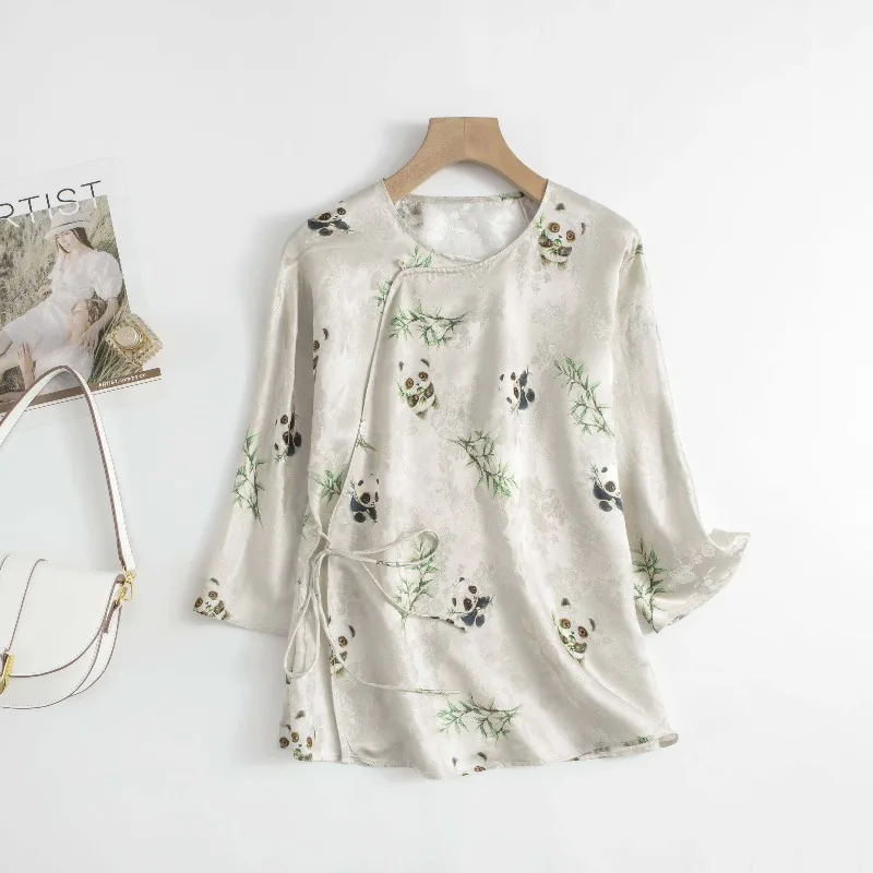 

AYUNSUE 100% Silk Women's Blouses and Shirts Chinese Style O-neck Tops for Woman Elegant Lace-up Blouse Woman Clothes Ropa Mujer
