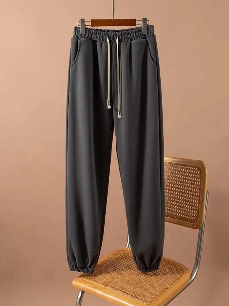 Koreańskie spodnie dresowe na jesień, casualowe, duży rozmiar, elastyczna talia, ocieplane, sportowe, luźne, uniwersalne, z mankietami, jednolite kolorystycznie...