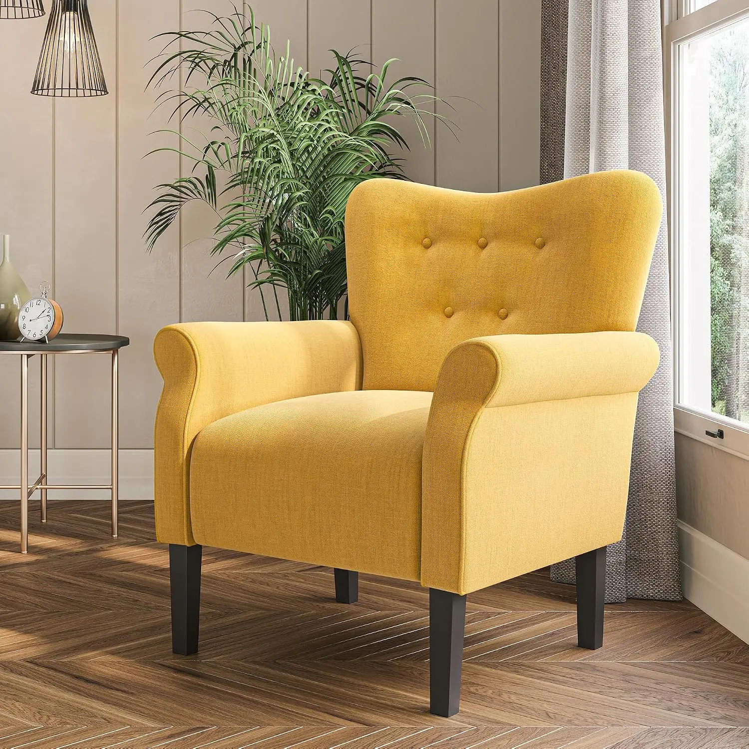 High Back Armchair, Padded Single Sofa with Wooden Legs for Living Room, Bedroom - Citrine Yellow