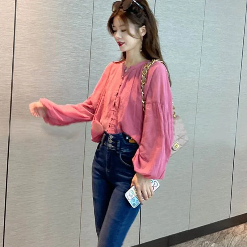 Lantern Sleeve Pink Long Sleeved Chiffon Shirt for Women\'s Spring Autumn New Western-style Loose Elegant Commuting Chic Top