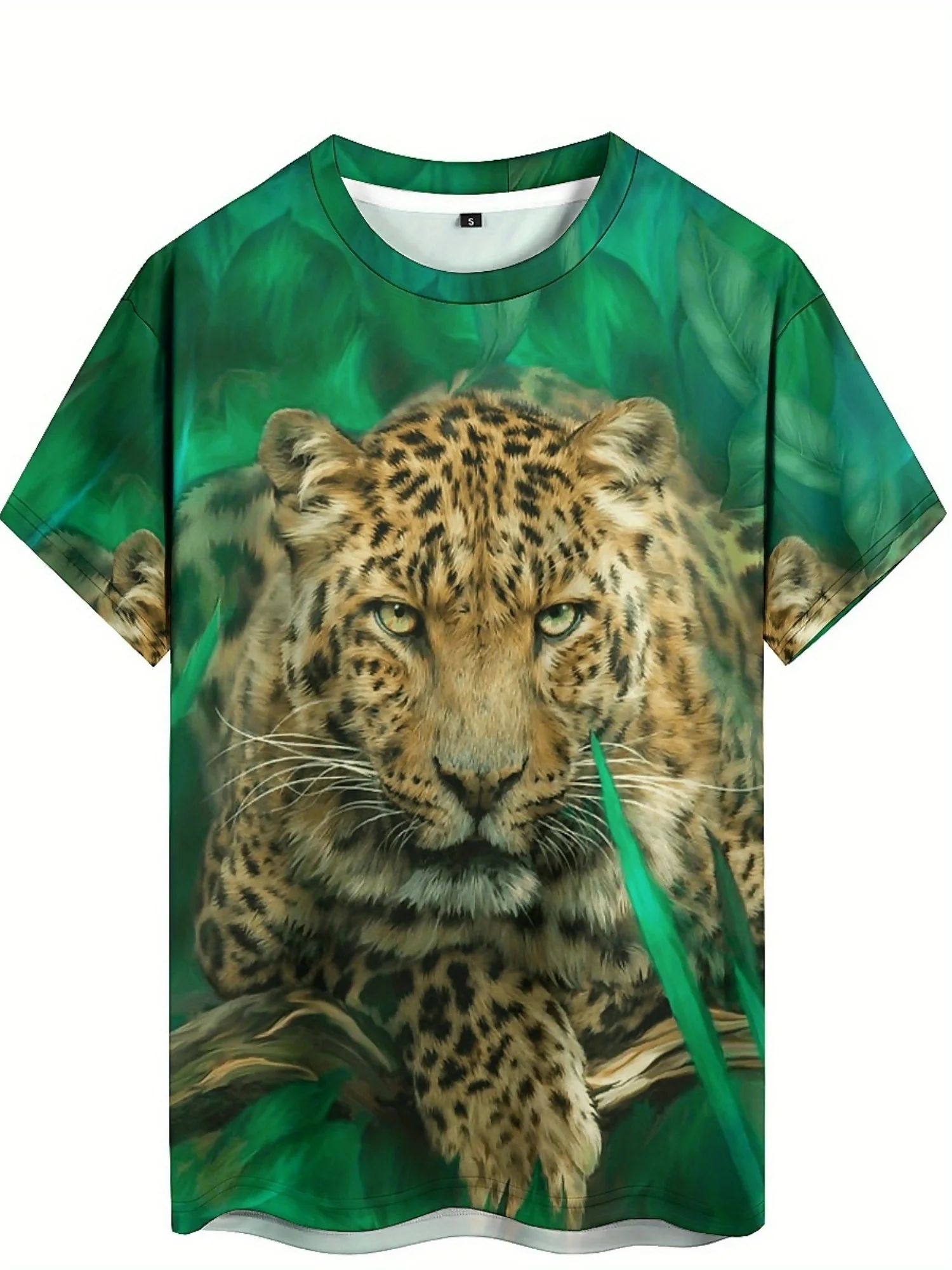 Men'S 3D Print Leopard & Tiger Design T-Shirt - Vibrant Green Jungle Animal Pattern, Short Sleeve, Polyester, Casual Summer Tee