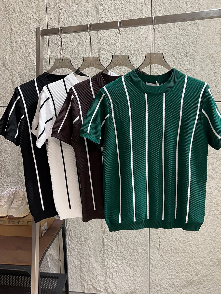 

High Quality Ice Silk Knitted Short Sleeve T-Shirt for Men Casual Stripe Design Breathable Fashionable Spring Summer Top
