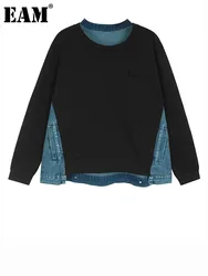 [EAM] Black Back Long Denim Color-block Sweatshirt New Round Neck Long Sleeve Women Big Size Fashion Spring Autumn 2023 1DH7620