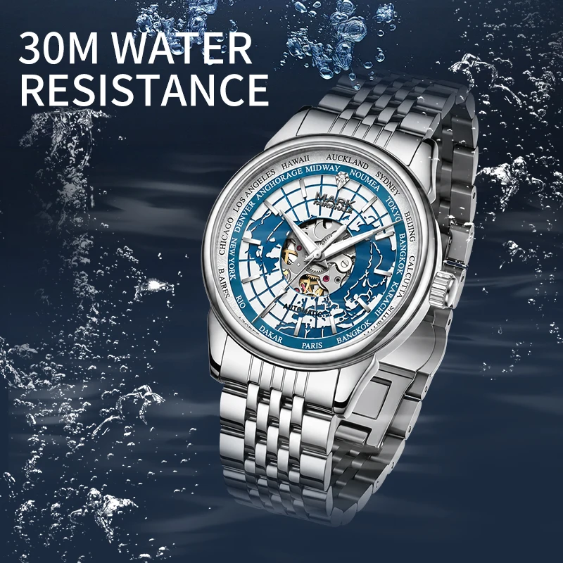 MARK FAIRWHALE Fashion Skeleton Men Mechanical Watch World Map Design Automatic Mechanical Movement Metal Case Male Wristwatch