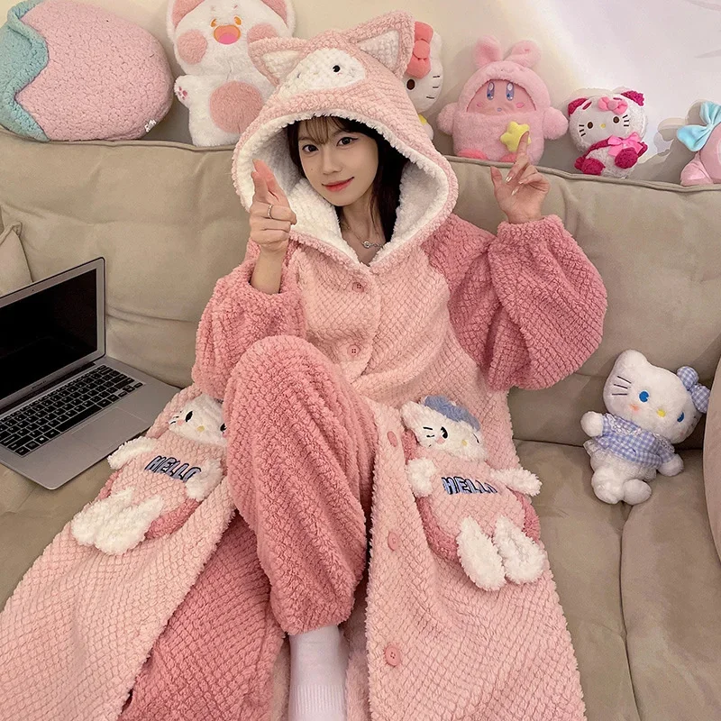 Kawaii Sanrio Hello Kitty Hooded Pajamas Suit Cute Cinnamoroll Cartoon Coral Fleece Nightgown Pants Two Piece Sets For Women