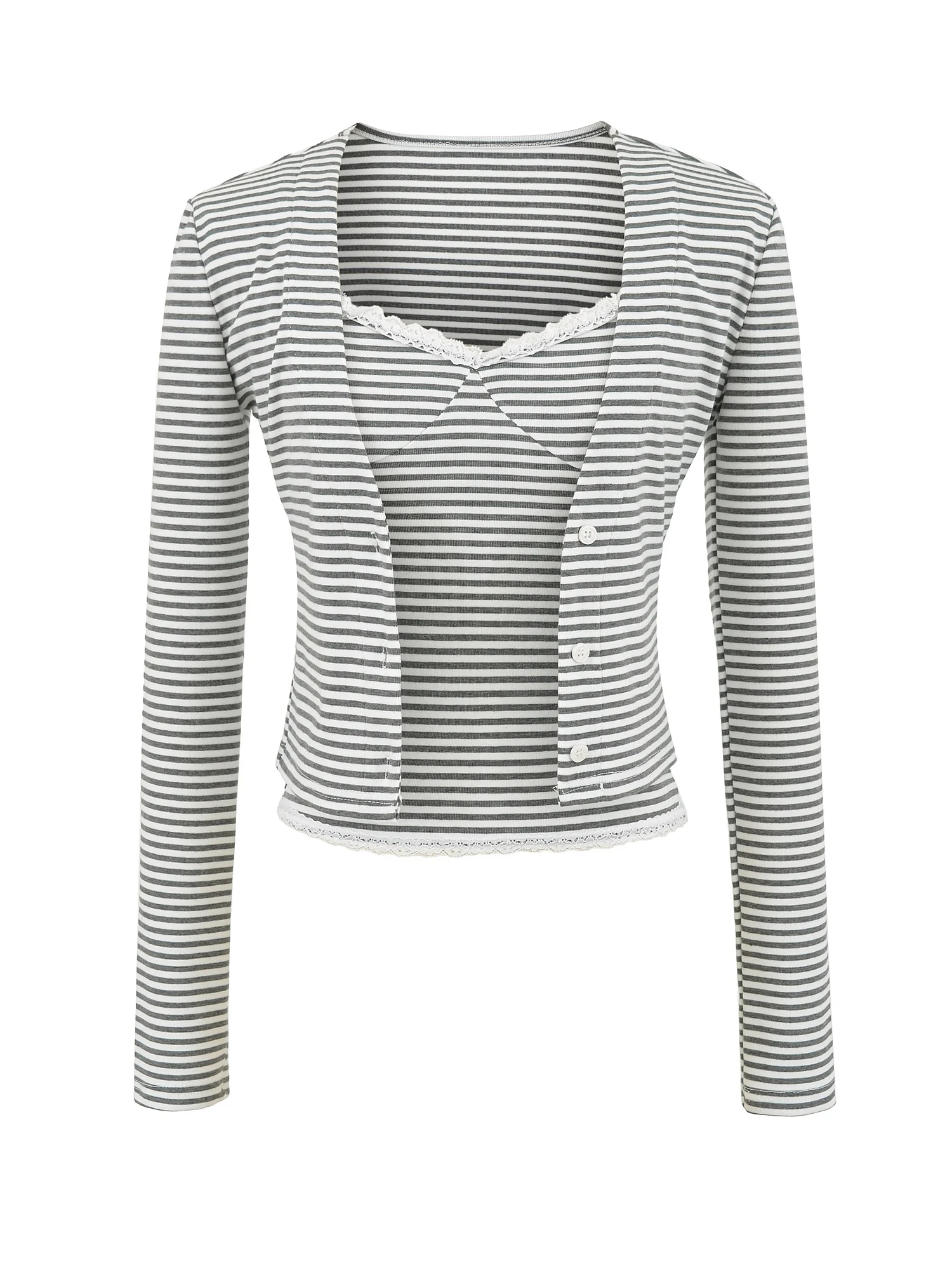 

American Sle Lace Trim Stripe Long Sve ort T-irt Open Cardigan Women Two Piece Set Top Slim Fit Girl's Faion