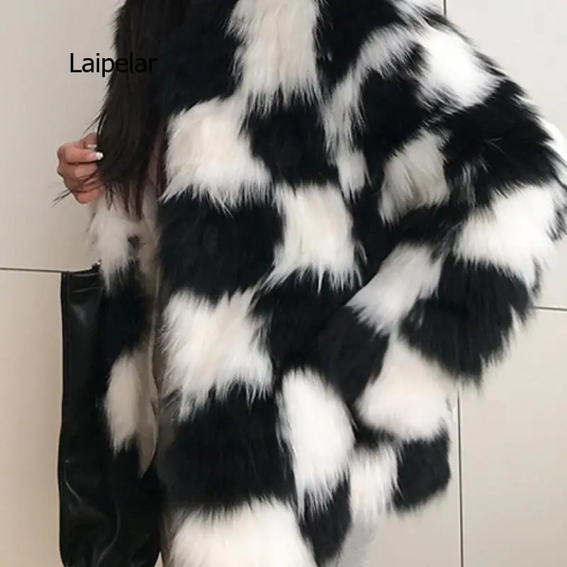 Jacket Women Winter Fur Coat Hanbok Women\'s Black and White Checkerboard Contrast Color Coat Women\'s Fur Coat