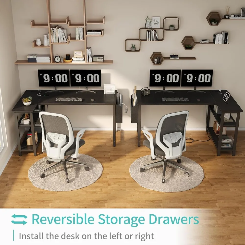 L-Shaped Computer Desk 47 Inch for Home Office, Corner Study Writing Desk with Power Outlet Shelves, Bedroom Office Furniture