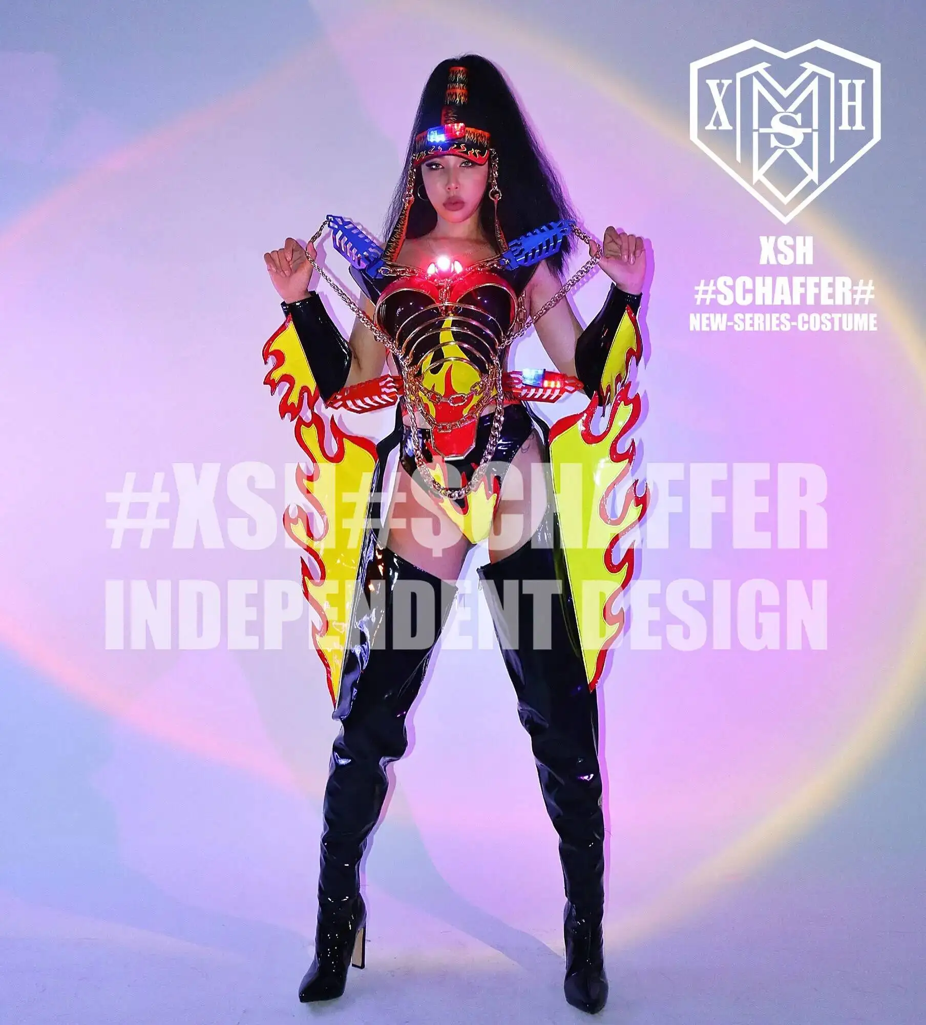 

XSH Wisdom Heart Nightclub Set Bar GOGO Female Flame Motorcycle Head LDE Light Armor Cyber DS Patrol Performance Dress Halloween