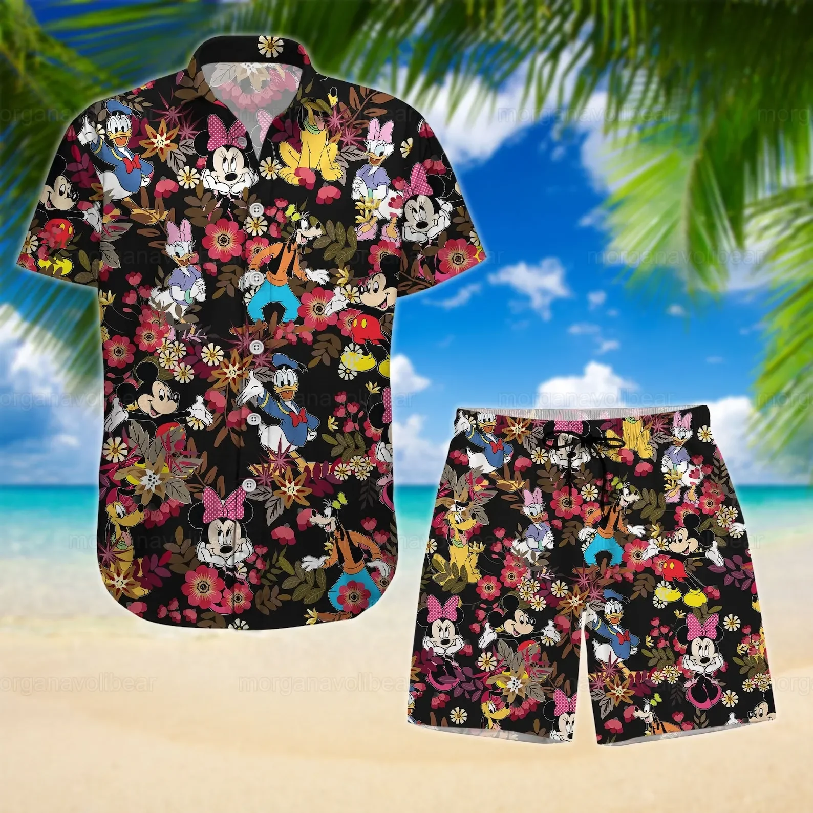 Disney Minnie Button Up Conjunto de camisa e shorts para homens e mulheres, havaiano, vintage, casual, tábua, verão, crianças, 2022, conjunto de 2