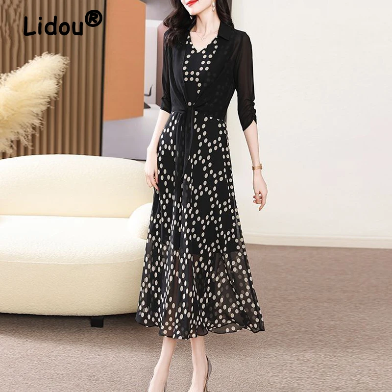 

Women Summer Korean Fashion Dot Print V Neck Slim Party Elegant Dresses Sleeveless Midi Dress Black Lace Up Shirt Sets Vestidos