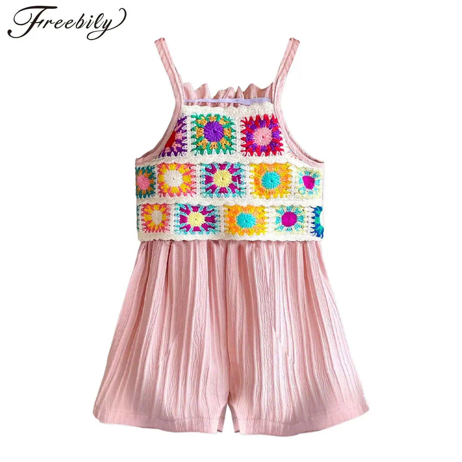 

Infant Baby Girl Clothing Cute Summer Crochet Floral Rompers Elastic Waist Spaghetti Straps Jumpsuit for Holiday Vacation Beach