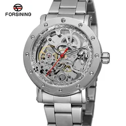 Forsining Top Brand Full Stainless Steel Luxury Golden Hollow Out Transparent Man Big Dial Automatic Mechanical Wrist Watches