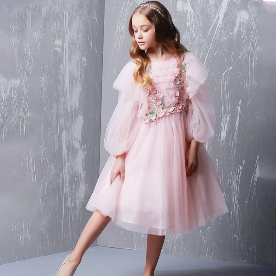 Robe à fleurs pour filles, manches personnalisées, pour mariage, col rond, robe de bal, princesse, première Communion, fête d'anniversaire, vêtements de concours