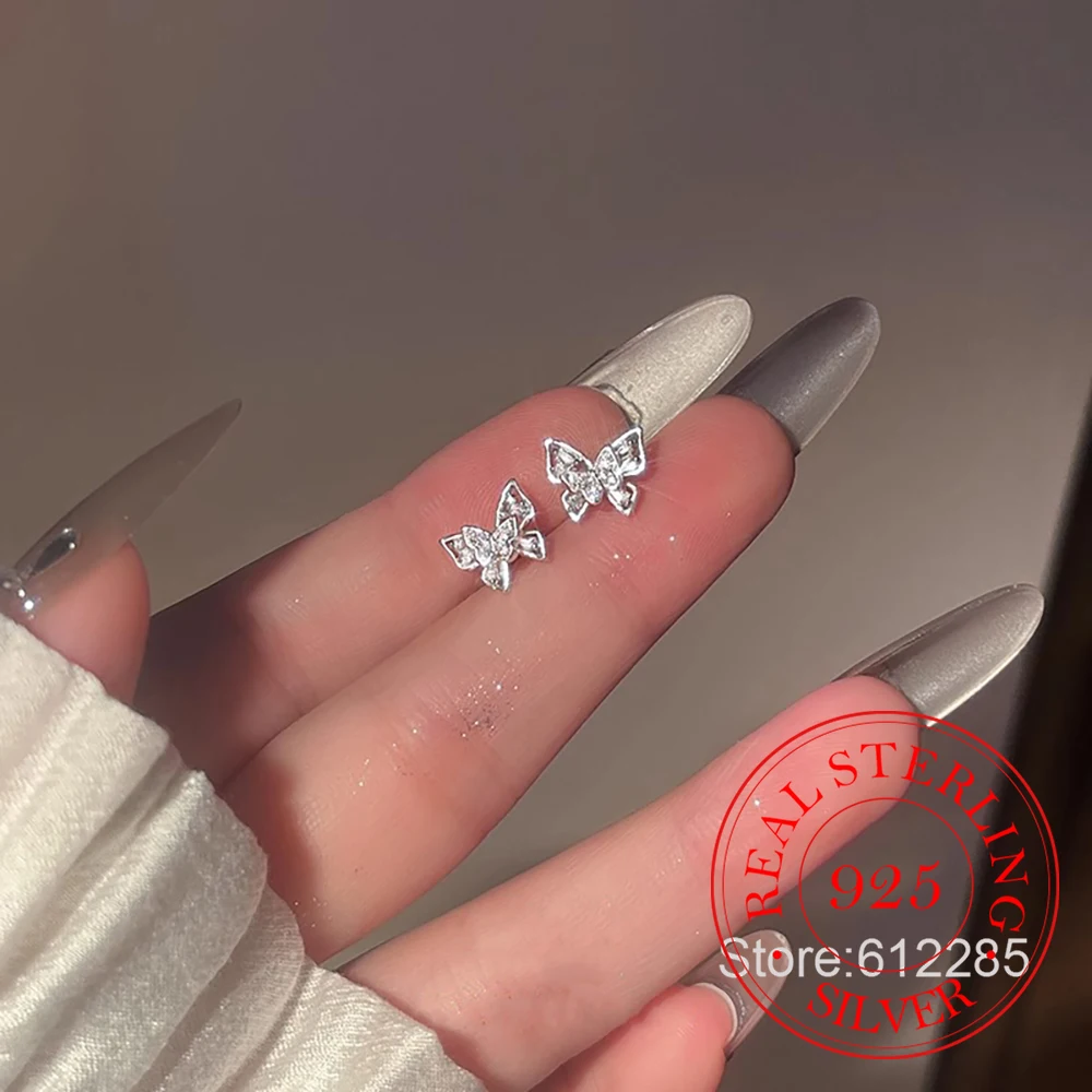

925 Sterling Silver Jewelry Double Layer Crystal Butterfly Stud Earrings for Women Wedding Party Jewelry For Girls Friend Gift