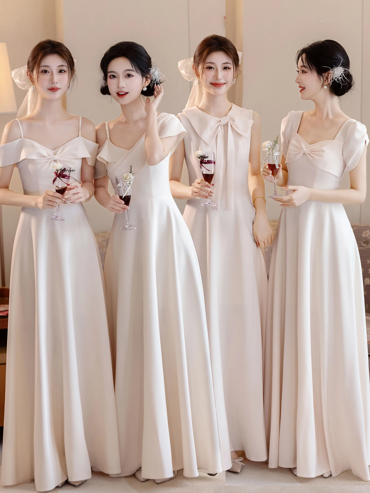 

Champagne Color Maids Dress Satin Wedding Gown Women's Summer Wear A-Line Skirt Korean Style Mid-Waist Polyester Fiber