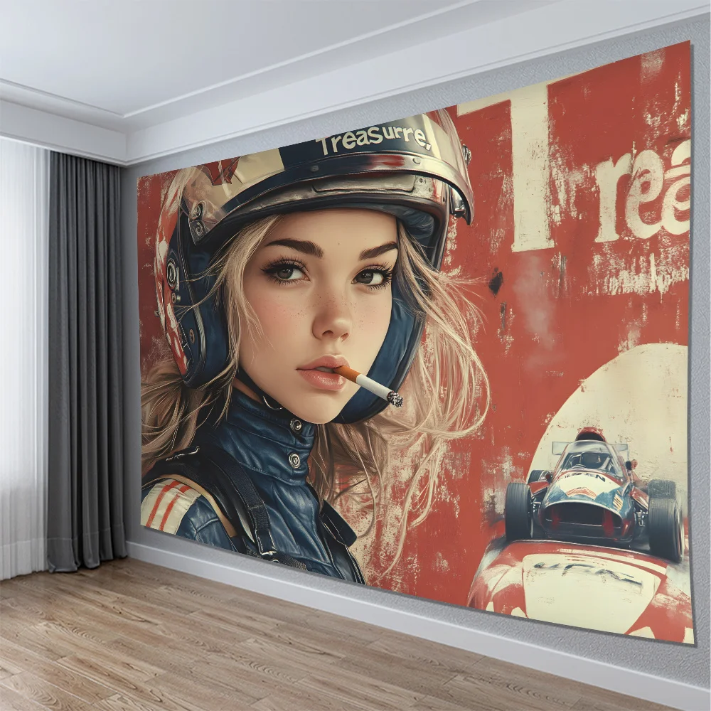 Vintage Motorcycle Racing Tapestry Wall Decor Large Size Retro Pop Art Portrait Woman Helmet Automotive Motorsport Poster Print