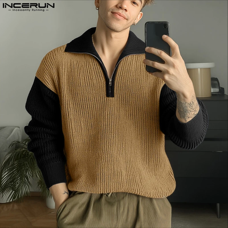 INCERUN Men Pullovers Patchwork Lapel Long Sleeve Knitted Spring Autumn Casual Male Sweater Zipper Streetwear Men Clothing S-5XL
