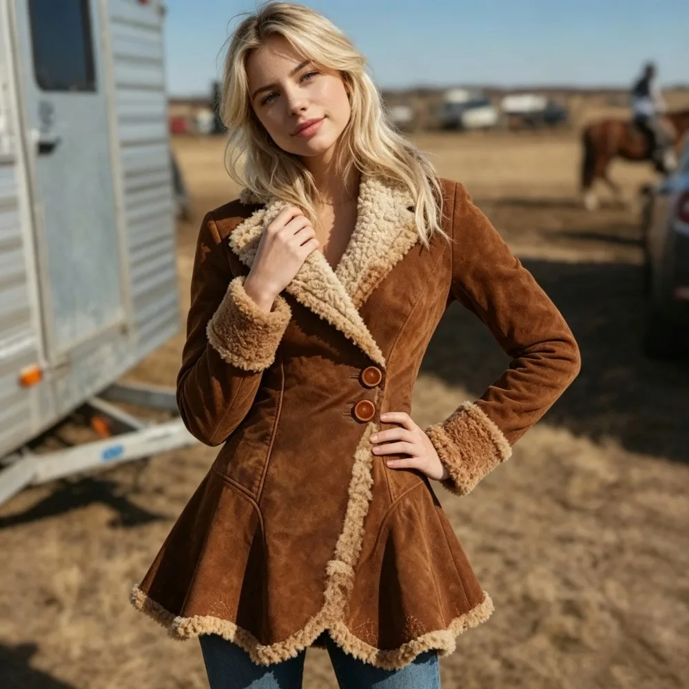 Thick Distressed Coat Mid Length Fresh Sweet with Composite Construction Regular Fit Mid Long Length Square Neck Women Jacket