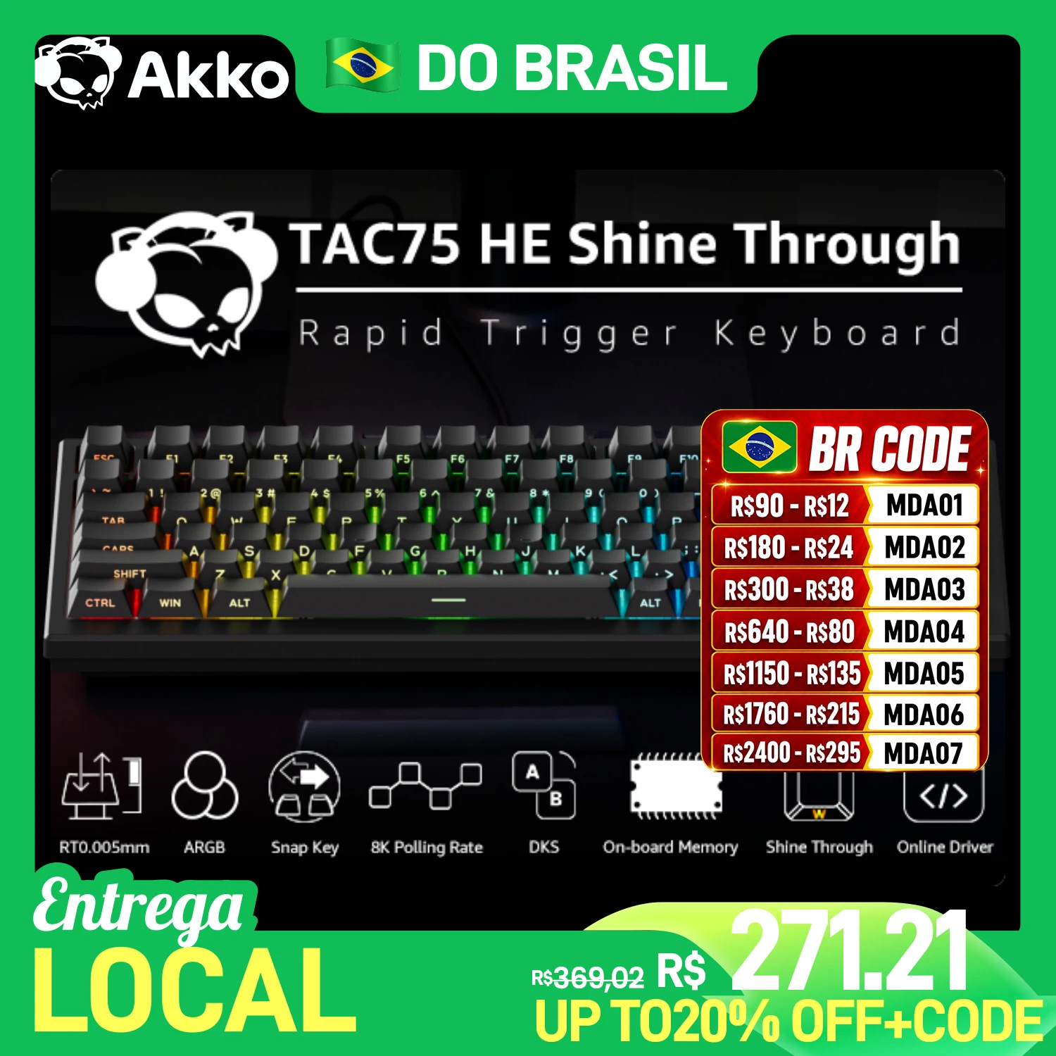 Teclado Mecânico Gamer Akko TAC75 HE com Switches Magnéticos 75% com Fio 8K RT0.005mm RGB