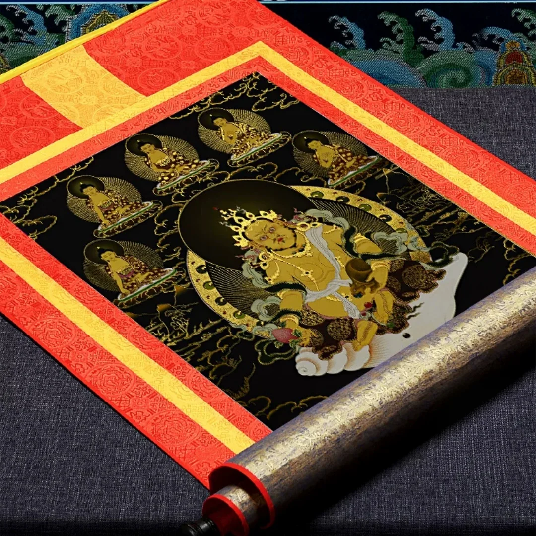 Yellow Jambhala Thangka Pendant Gilded God of Wealth Scroll Home Desktop Decor Blessing 35cm