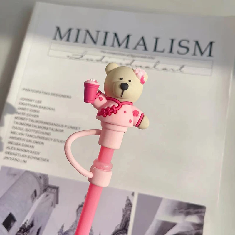 Cute Bear Straw Cover Dust Cap Silicone Kawaii Cherry Straw Toppers For Tumbler Pink Drinking Charm Decor Cover For 7-8mm Straws