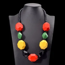 Bohemian colorful geometric necklace Large wooden bead pendant Ethnic style handmade beaded necklace jewelry gift for women
