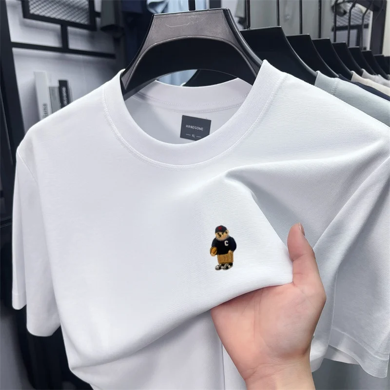 Luxury brand short sleeve round neck T-shirt new cartoon bear embroidery summer top trend breathable ice silk cotton men's wear