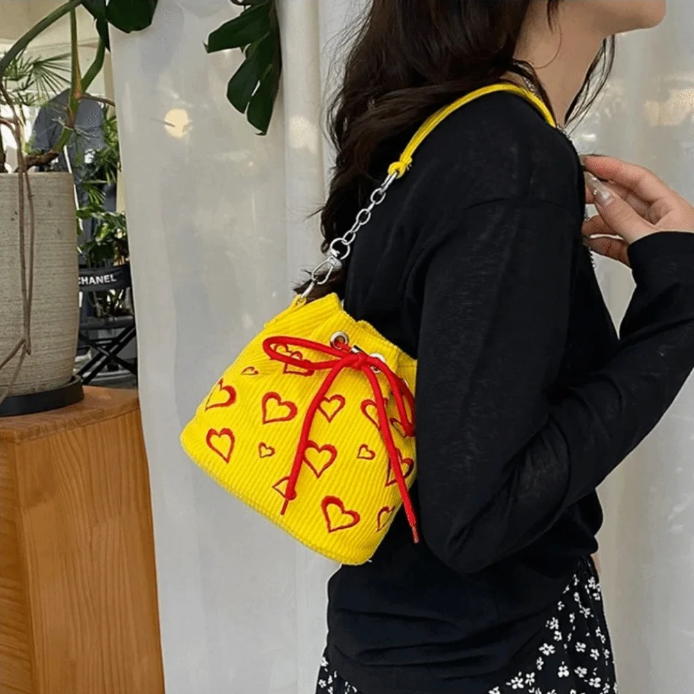 

INS Corduroy Bucket Bags Pleated Design Knitted Texture Drawstring Crossbody Bag Large Capacity with Handles