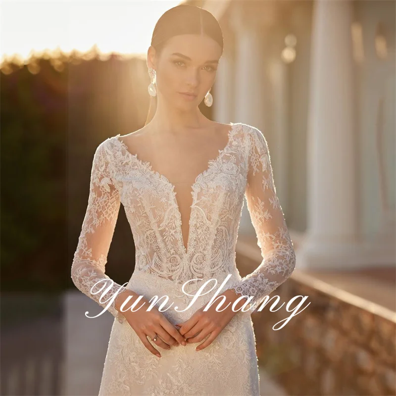 Yunshang Abito da sposa a sirena di lusso da donna con scollo a V Illusion Back manica lunga in pizzo abito da sposa treno abiti da sposa personalizzati