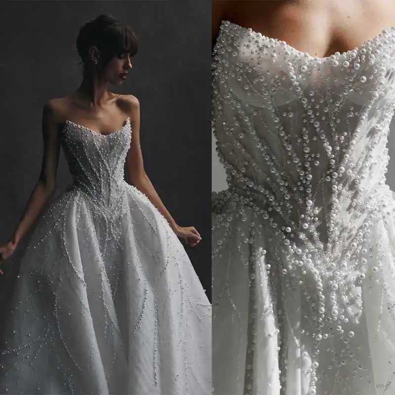 

Luxury Strapless Pearls Sheath Wedding Dress Elegant Sleeveless Bridal Dress With Detachable Train Customized vestidos de novia