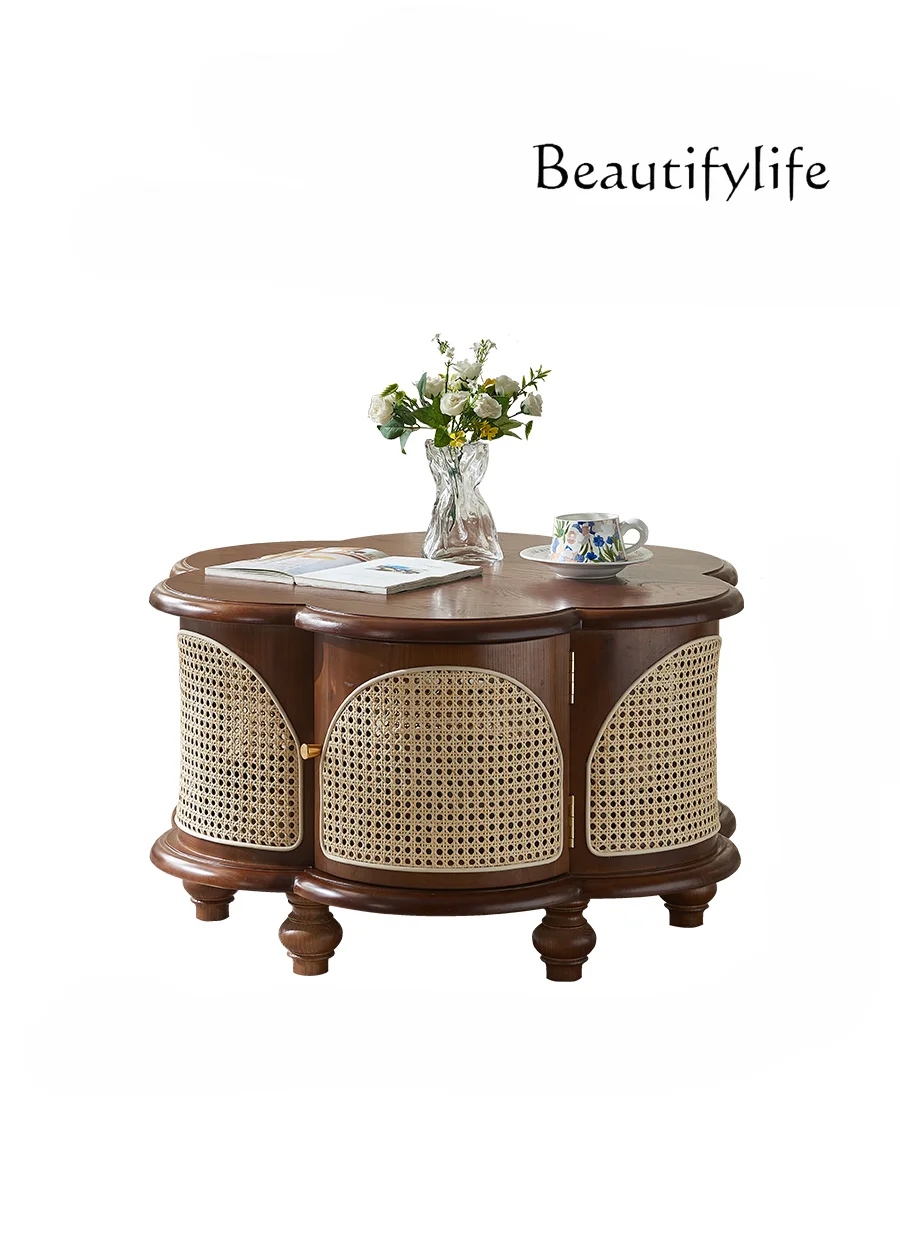 

Japanese Retro Rattan Tea Table Small Apartment Home Antique Style Small Tea Table Ash Wood round Tea Table