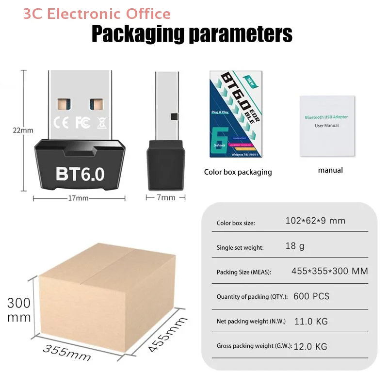 USB Bluetooth 6.0 Adapter BT6.0 Dongle Wireless Audio Receiver Transmitter For PC Desktop Computer Headphone Speaker Support BLE