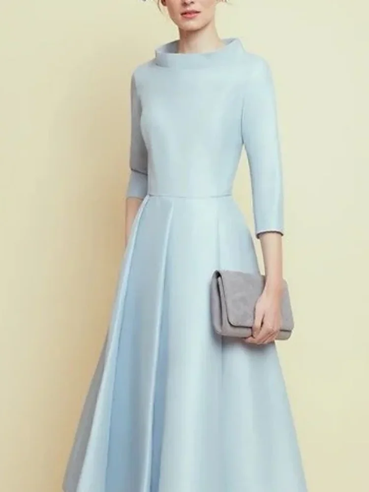 A-Line Simple Solid Color Tea-Length Three Quarter Bateau Neck Mother of the Bride Dress Wedding Guest