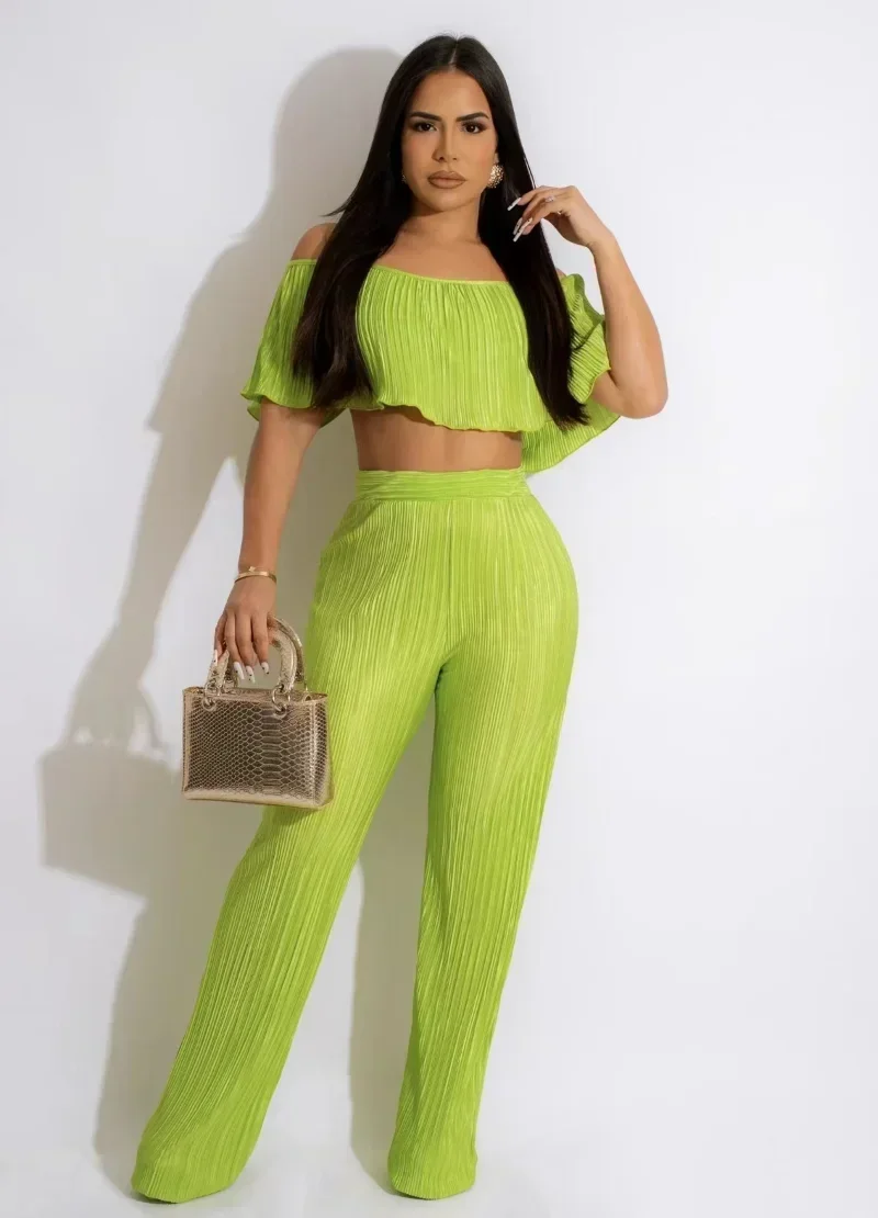 

GUWU Sexy Pleated Women's Set Butterfly Sleeve Crop Top and Straight Pants Suit Streetwear Two Piece Set Outfit Tracksuit