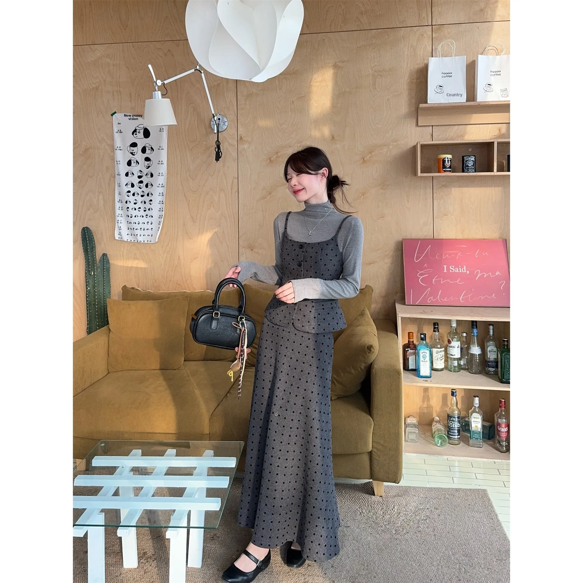 

Off Sweet Sle ay Polka Dot Strap Vest Set Women's Long Sve Base irt Autumn Winter Faion Tee Piece Suit Knitte...