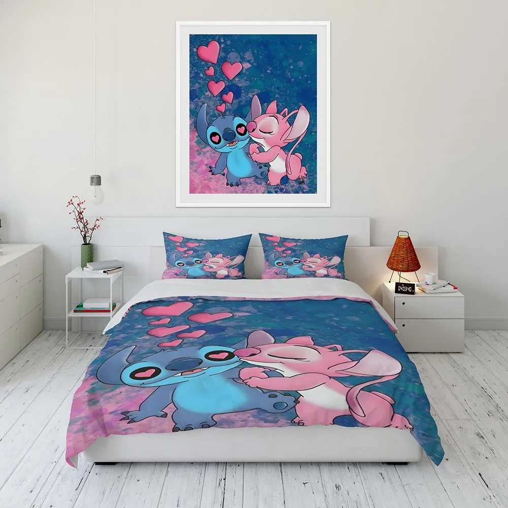 Juego de cama de dibujos animados de Disney Stitch y Lilo para niños, Sábana plana individual, doble, tamaño King, funda nórdica, funda de almohada,