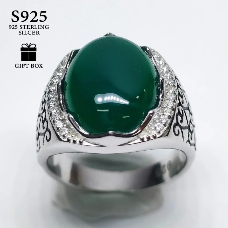 1pc 12*16mm S925 Sterling Silver Heart Pattern Oval Green Agate Ring, Emitting Dazzling Light, It Is Perfect Holiday Mementos.