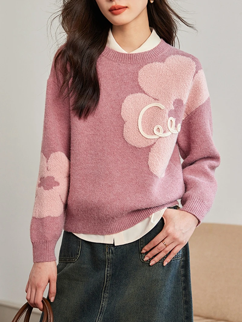 

Pink Flower Soft Sweater Women Autumn And Winter New Style Super Beautiful Outwear Top Pullover Knitted Sweater