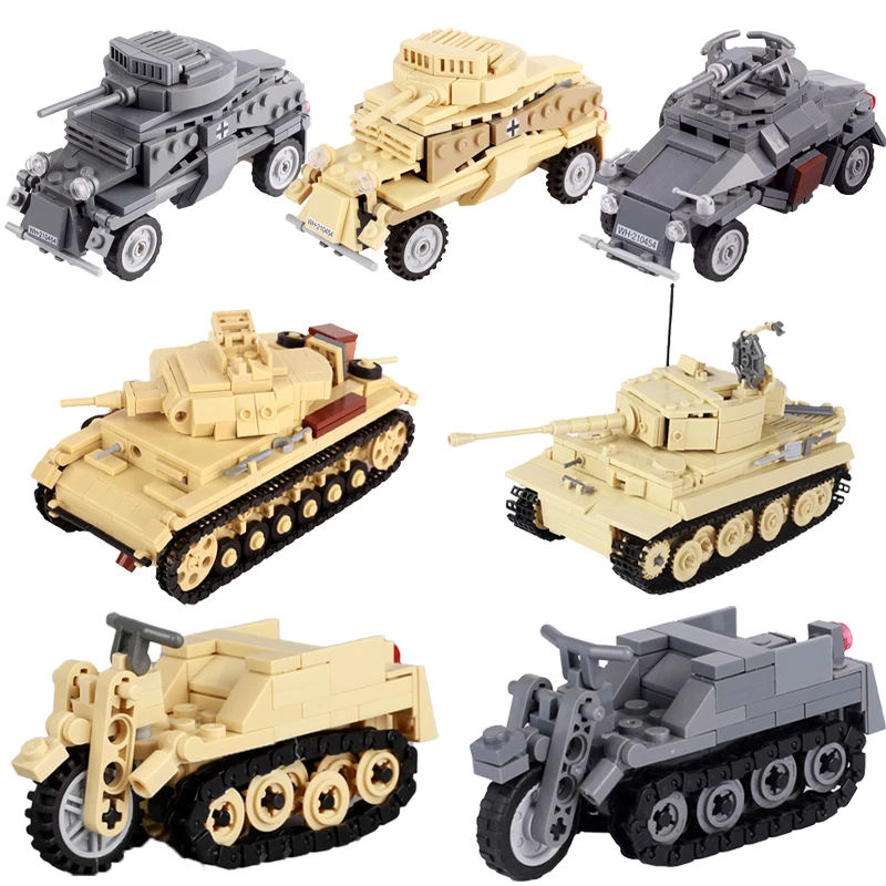 WW2 German Army North African Tank Building Blocks SDKFZ. 2 Crawler Motorcycle Soldier Figure Car Weapon Kids Model Bricks M113