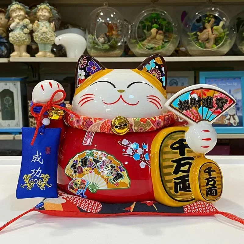 

8 Inch Ceramic Maneki Neko Coin Bank Red Lucky Fortune Cat Daruma Money Box Home Decorative