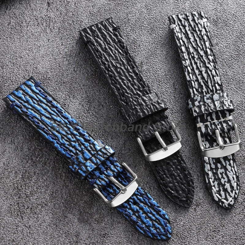 Embossed Snake Shark Skin Pattern Leather Strap Handmade Genuine Leather Watchband 18mm 20mm 22mm Bracelet Men Women Wristband 