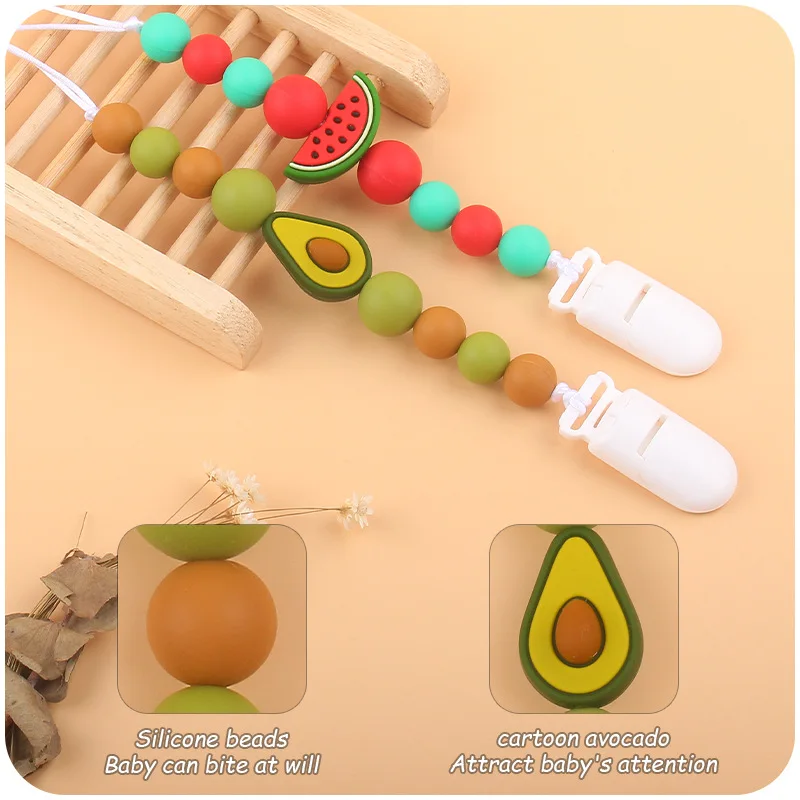 Cartoon Fruit Watermelon Silicone Teether Pendant Beaded Pacifier Clip Chain Baby Boy Girl Dummy Feeding Clip Soother Chain Gift image 4
