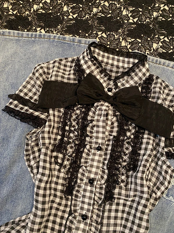 Bla Plaid ort Sve irt Vintage Summer Women's Faion Stand Collar Top Cotton Blend Regular Fit irt Korean Sle