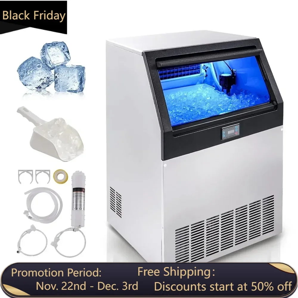 Commercial ice maker, 160 pounds/24 hours, ice maker,80 ice cubes in 12-15 minutes, 6-pound storage capacity LED digital display