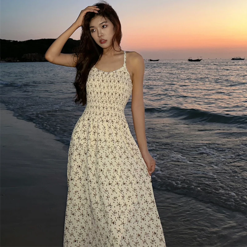 

2023 New Summer Women Designer Backless Beach Robe Floral Vacation Strappy Y2K Swinging Casual Long Elegant Korean Sundress