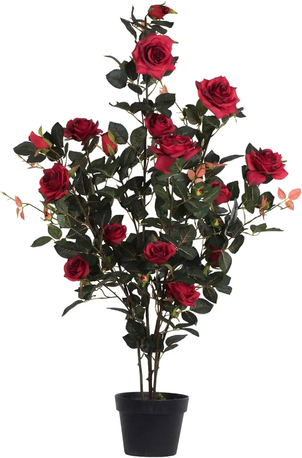 

45" Indoor Artificial Red Rose Plant - Black Plastic Pot - Lifelife Or Office Decor - Faux Potted Bush - Realistic Flowers