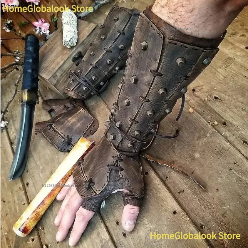 Mittelalterliche Steampunk Wikinger Krieger Ritter Armschutz Handschuhe Gotische Nieten Schnür-Armschutz Rüstung Vintage Unisex Armschutz Halloween Party Rollenspiel Bühnenauftritt Cosplay Kleidung