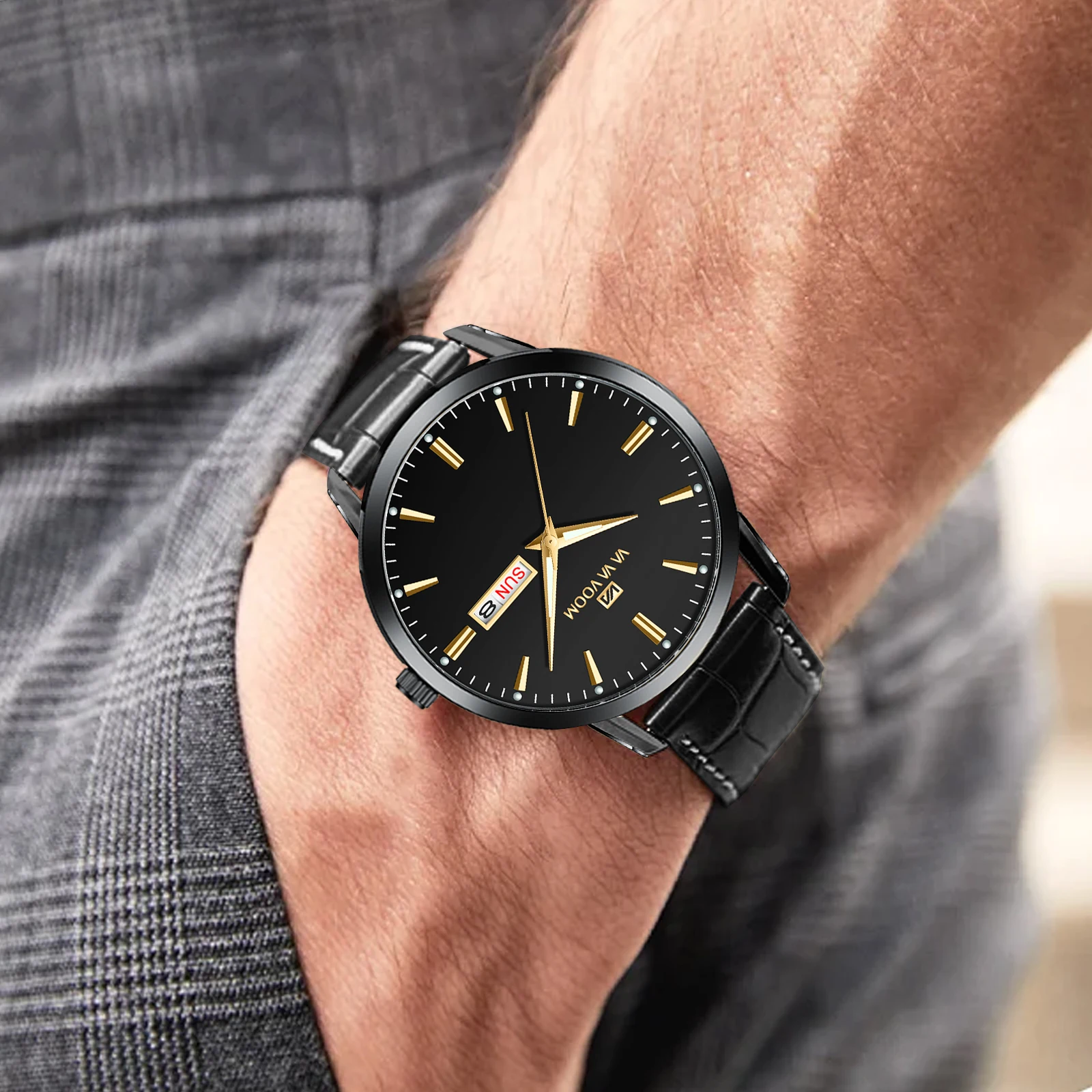 VA VOOM Classic Men Watch Week Quartz Movement Black Leather 3Bar Waterproof Military Style Sports Clock Business Dress Watches