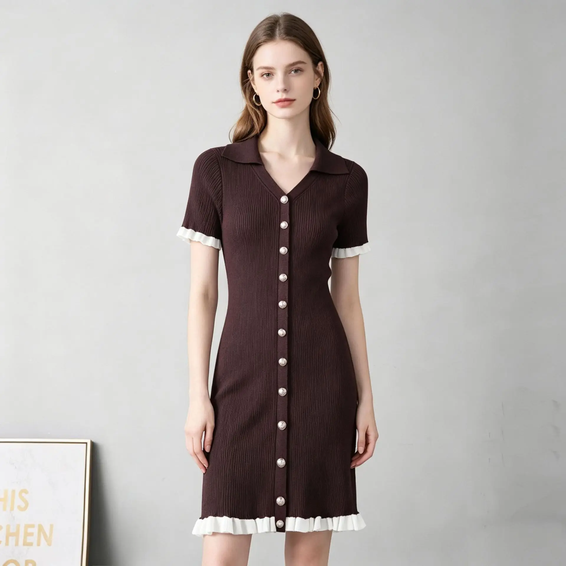 

Summer V-neck women's new slim fit and slimming single breasted patchwork short sleeved knitted hip hugging dress